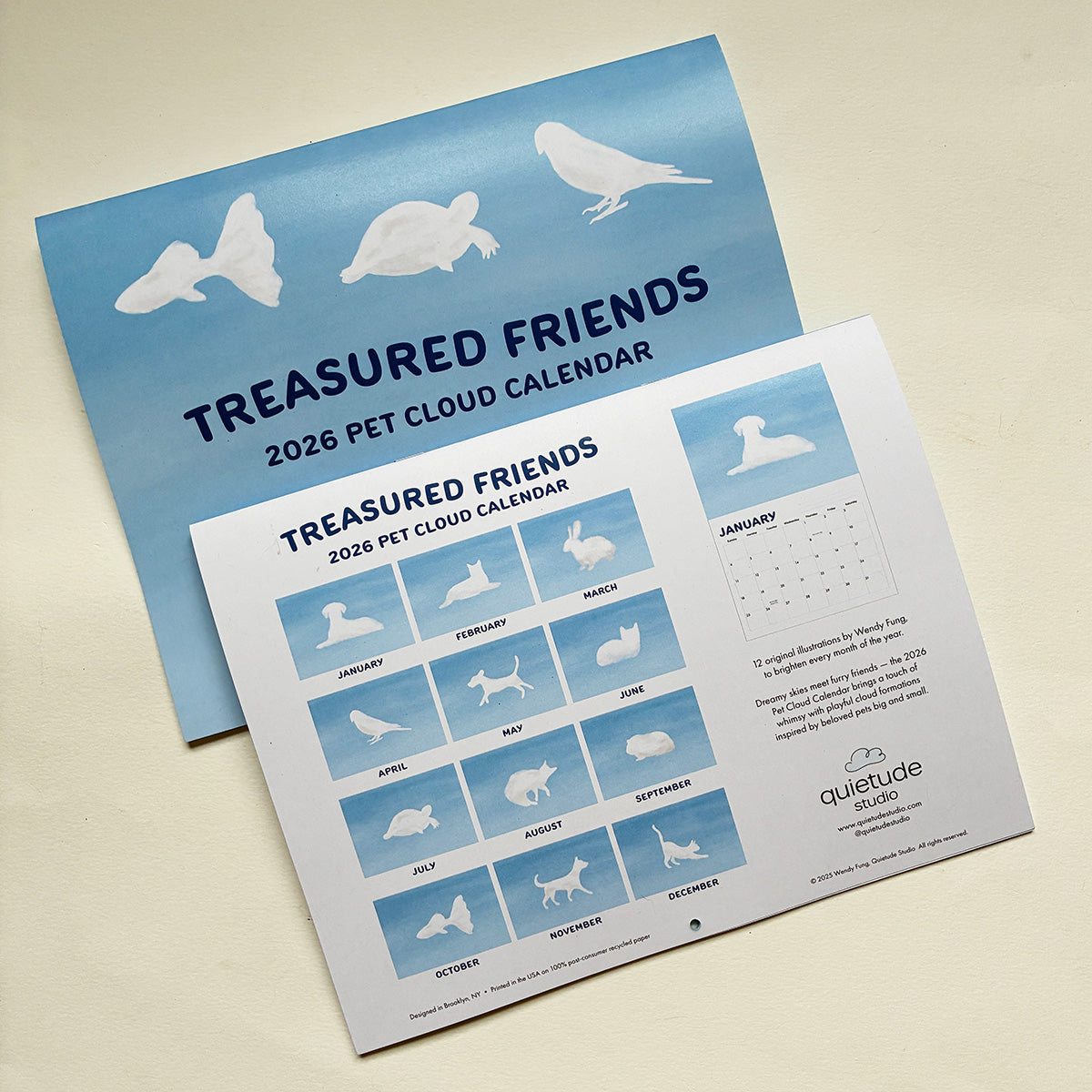 2026 Pet Cloud Calendar titled 'Treasured Friends' by quietude studio on a beige background