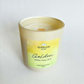 matcha, honey and lemon soy candle in a cream jar with a label on a white background