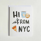 Greeting card with 'Hi from NYC' text and illustrations of a coffee up, pizza slice, and pigeon on a light background.