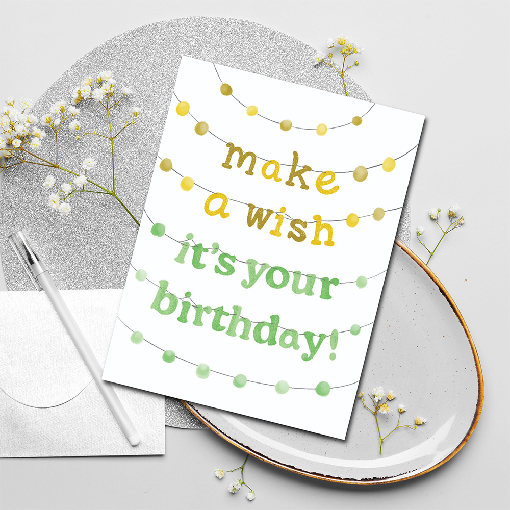Make A Wish Birthday Card Yellow and Green Pom Pom Letter Banner