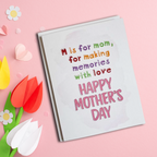 Mother's Day card with colorful text on a pink background with flowers
