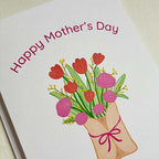 Card with 'Happy Mother's Day' text and illustration of flowers on a white background