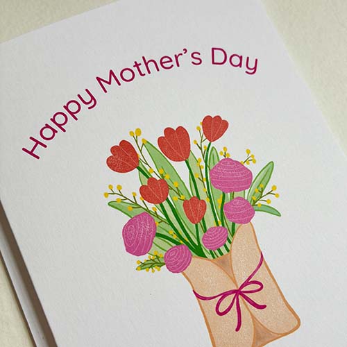 Card with 'Happy Mother's Day' text and illustration of flowers on a white background