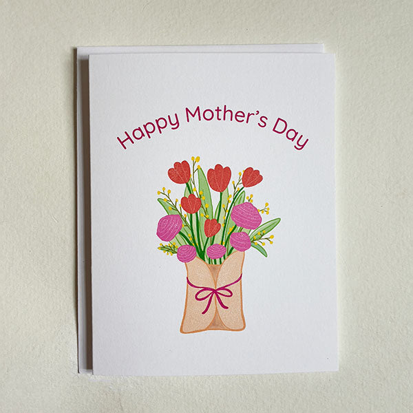 Greeting card with flower bouquet and 'Happy Mother's Day' text on a beige background