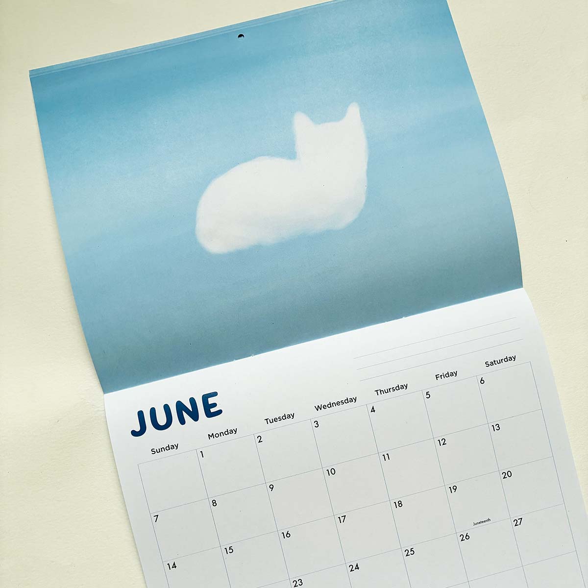 Calendar for June with a cloud-shaped cat on a blue background