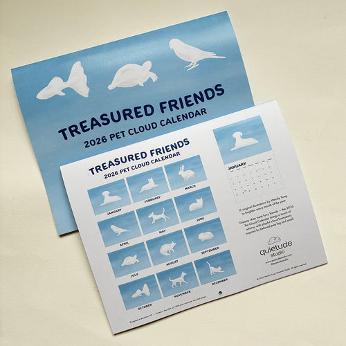 2026 Pet Cloud Calendar titled 'Treasured Friends' by quietude studio on a beige background
