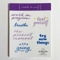 Motivational Self Care stickers with phrases such as treat yourself, breathe, keep going, try new things on a white background