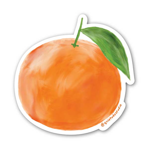 Sticker of an orange with a green leaf on a white background