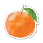 Sticker of an orange with a green leaf on a white background